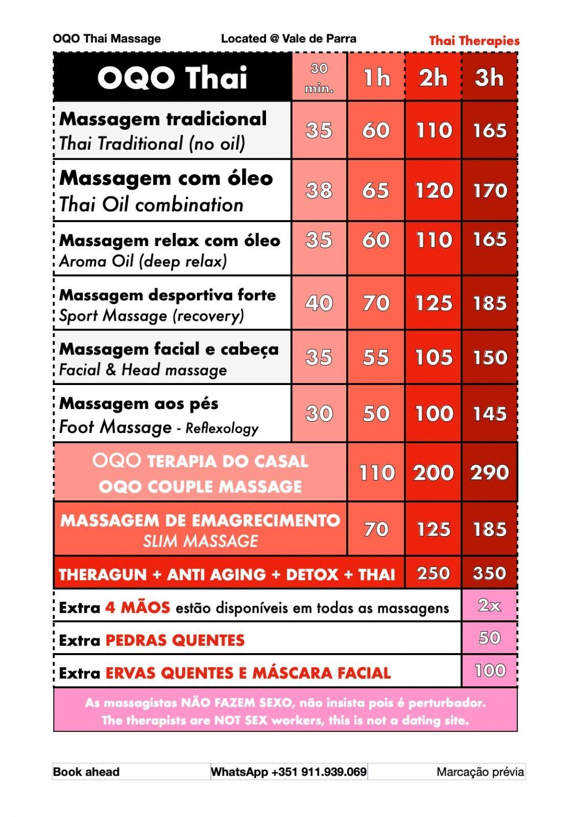 Price list of various Thai massage services with duration and rates at OQO Thai Massage.